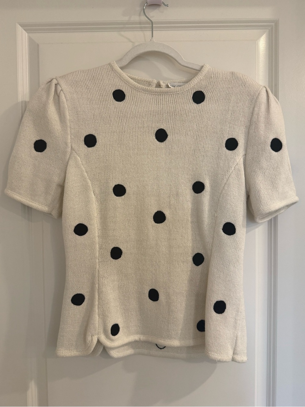 Anne Crimmins Vintage 80s Cream Short-Sleeve Polka Dot Knit Top